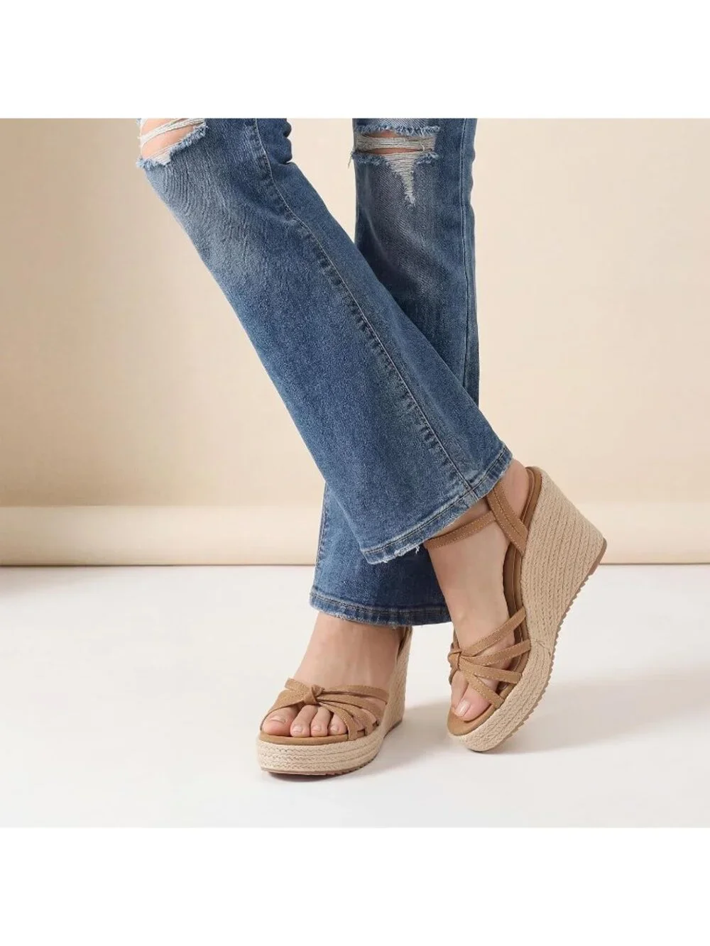 Women's Tan Matte Espadrille Platform Wedge Sandals Open Toe Ankle Strap Heels
